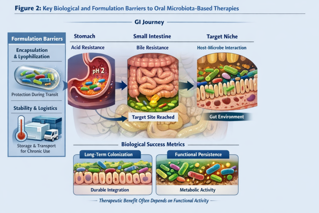 Key Biological and Formulation Barriers to oral Microbiota-Based Therapeutics
