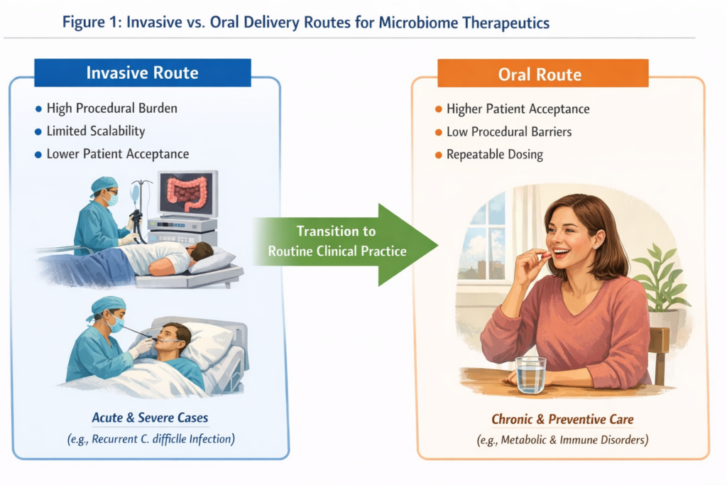 Invasive vs. Oral Delivery routes for Microbiome Therapeutics